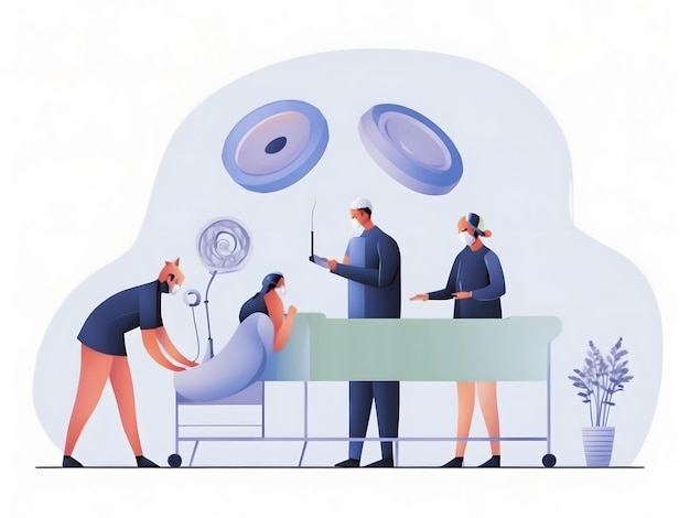 Professional surgeons surrounding patient on operation table flat illustration