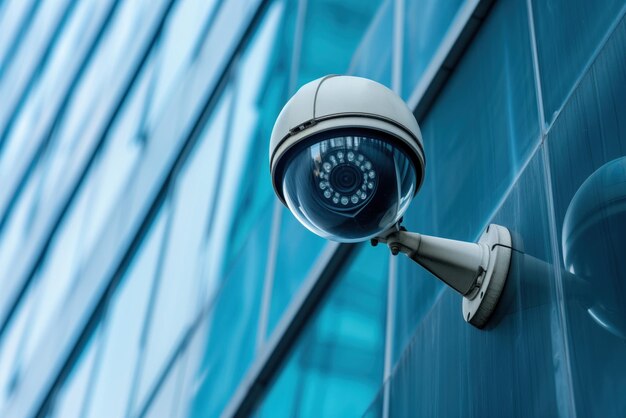 Professional surveillance camera is located in building on city street generative ai