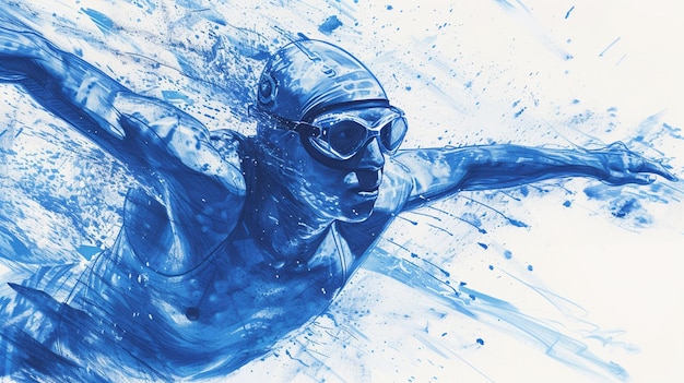 A professional swimmer blue charcoal sketch