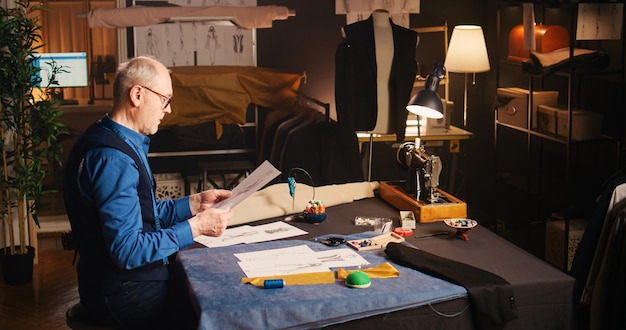 Photo professional tailor looking at fabric and sketches, crafting fashion collection with tools at workstation. small business owner couturier working in atelier, craftsmanship. handheld shot.