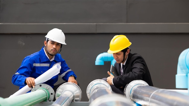 Professional team Asian business man young ceo and energy engineer plan a project to build a solar panel for the building under construction clean and green alternative energy concept