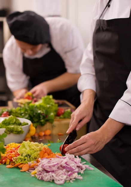 Professional team cooks and chefs preparing meal at busy hotel\
or restaurant kitchen