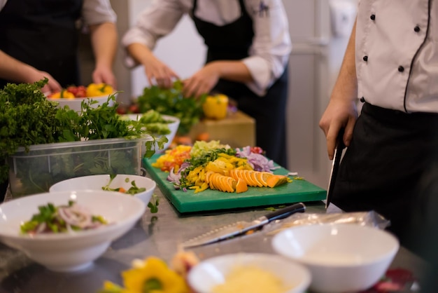 Professional team cooks and chefs preparing meal at busy hotel or restaurant  kitchen