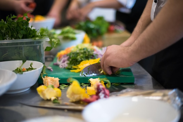 Professional team cooks and chefs preparing meals at busy hotel\
or restaurant kitchen