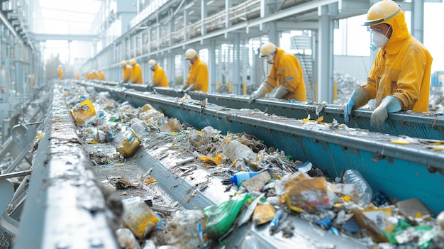 Professional team coordinate in sorting litter on automated production line