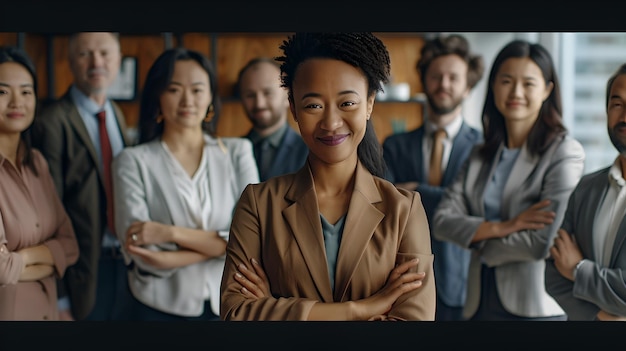 Профессиональная команда во главе с уверенной в себе женщиной в офисном наряде Портрет разнообразной бизнес-группы Концепция лидерства и совместной работы ИИ