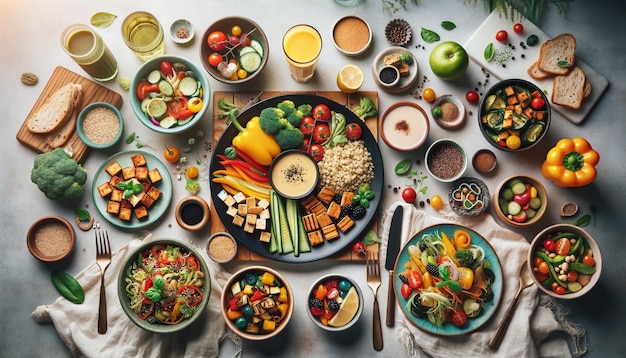 Professional topdown view of a colorful vegetarian spread including a quinoa salad grilled