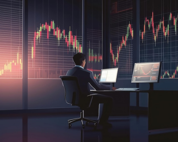 Professional trader investor set on desk and look at big trading charts screens