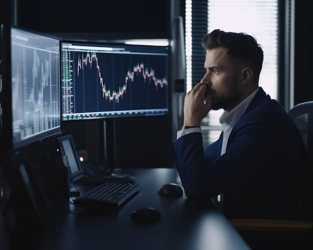 Professional trader investor set on desk and look at big trading charts screens