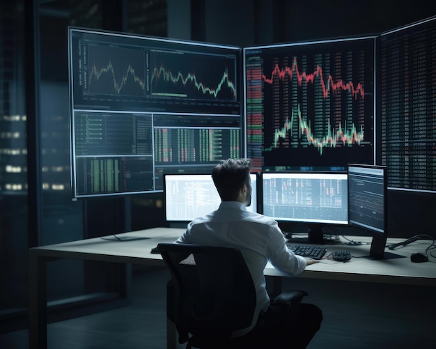 Professional trader investor set on desk and look at big trading charts screens