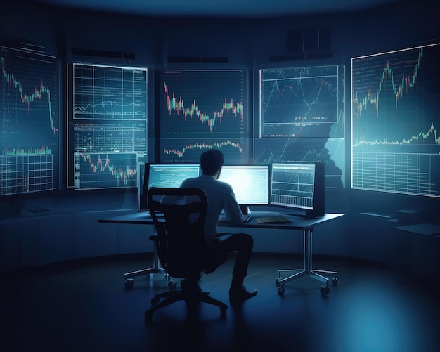 Professional trader investor set on desk and look at big trading charts screens