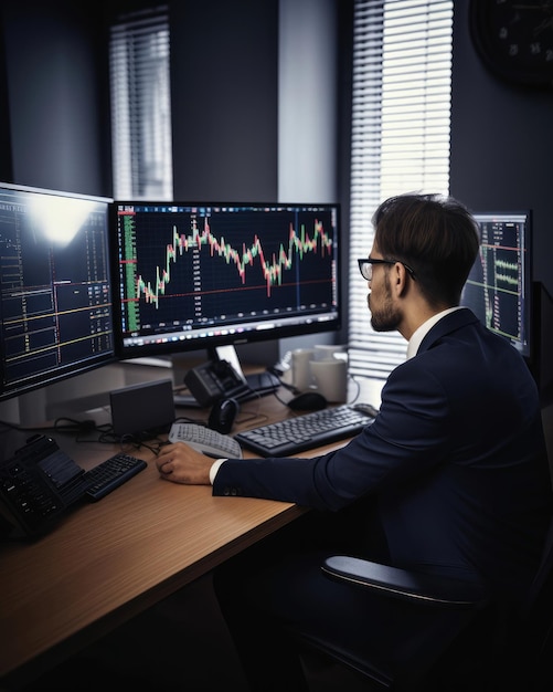 Professional trader investor set on desk and look at big trading charts screens