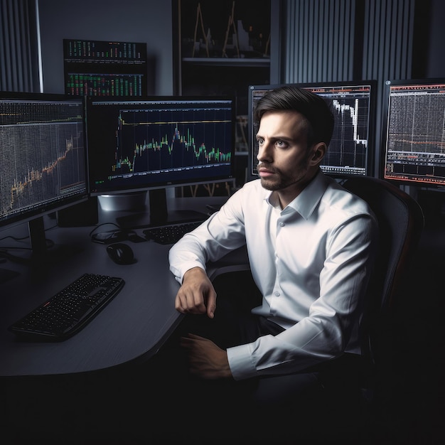 Professional trader investor set on desk and look at big trading charts screens