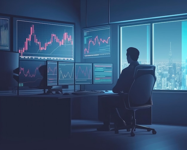 Professional trader investor set on desk and look at big trading charts screens