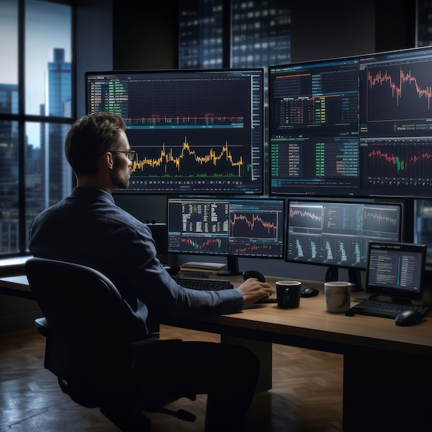 Professional trader investor set on desk and look at big trading charts screens