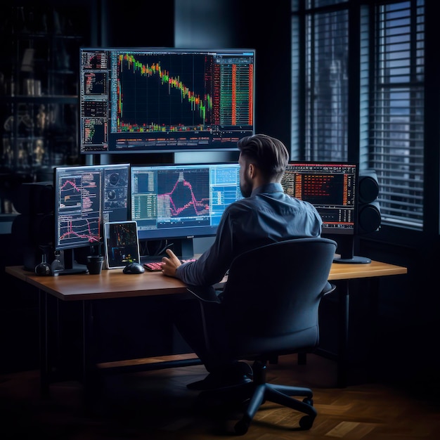 Professional trader investor set on desk and look at big trading charts screens