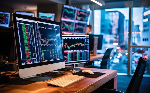 Foto investitore professionista seduto sulla scrivania e guardare grandi schermi di grafici di trading