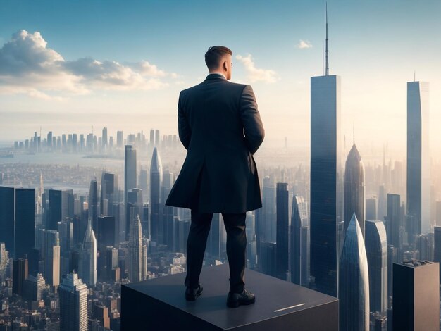 A professional trader stands atop a skyscraper