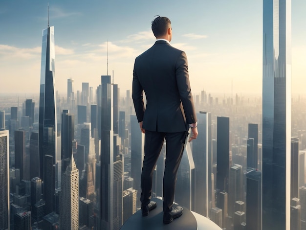 A professional trader stands atop a skyscraper