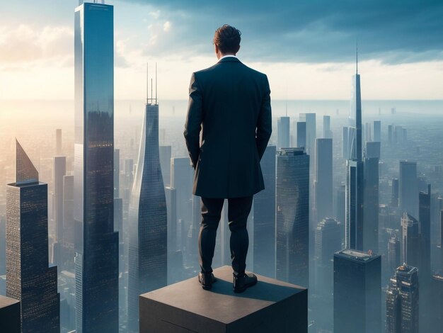 Photo a professional trader stands atop a skyscraper