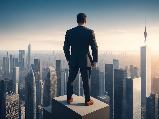 Photo a professional trader stands atop a skyscraper