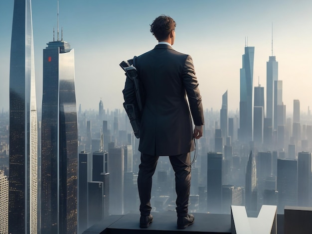 Photo a professional trader stands atop a skyscraper