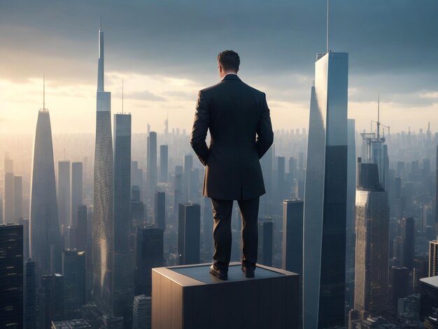 A professional trader stands atop a skyscraper