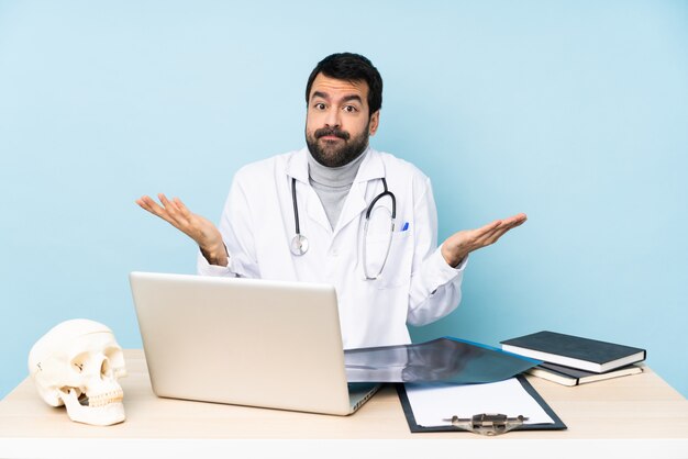 Professional traumatologist in workplace making doubts gesture