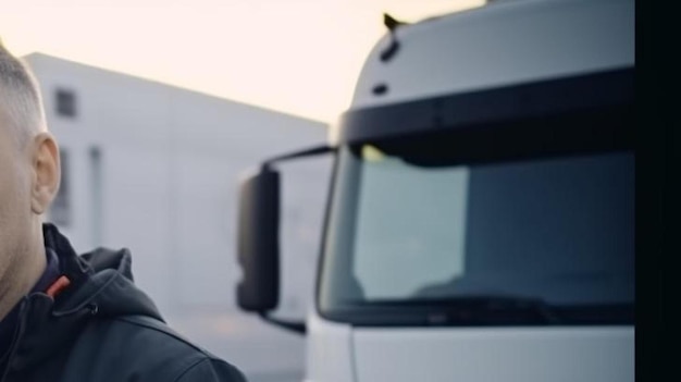 Photo professional truck driver checking his route on tablet computer and standing by long vehicle