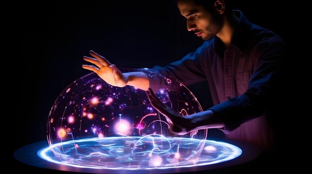 A professional using gesture control to manipulate data on a spherical display