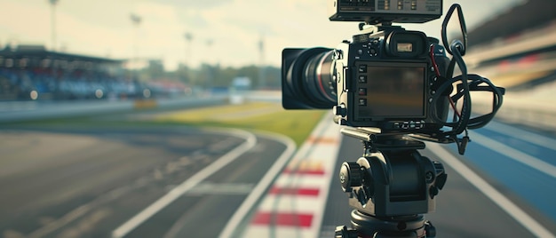 Professional video camera focused on an empty race track