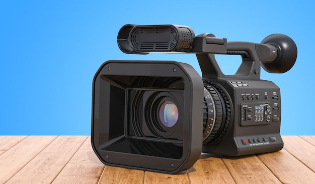 木製テーブルの上のプロのビデオカメラの 3D レンダリング