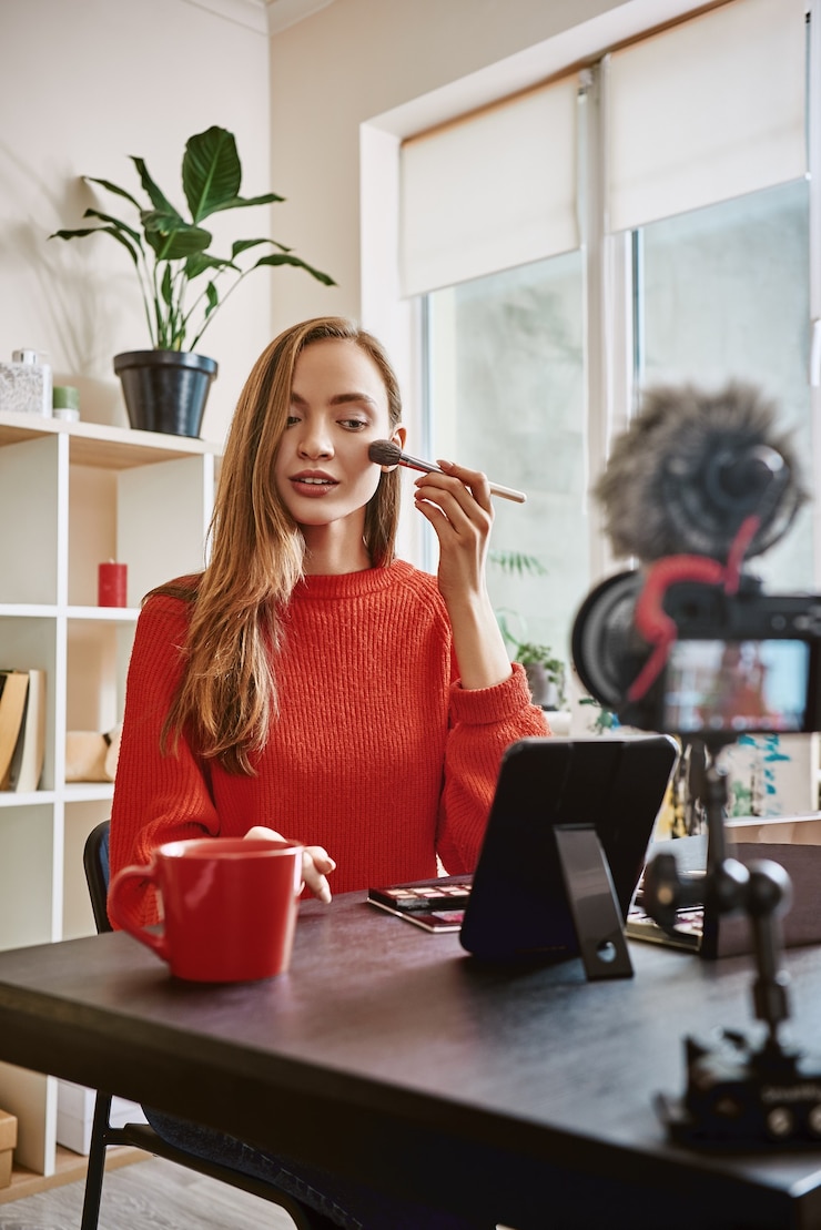 Photo professional vlogger cute and young woman using brush to apply highlighter while recording make up
