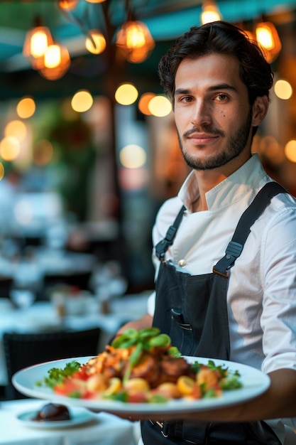Фото Профессиональный официант в шикарной ресторане, предлагающий блюдо изысканной кухни с приветливой улыбкой