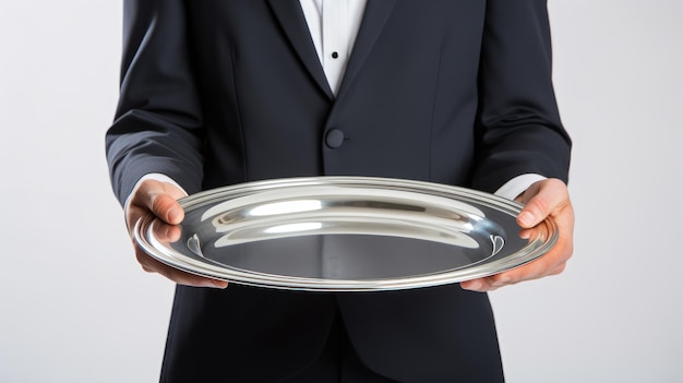 Foto un cameriere professionista che mostra un vassoio d'argento vuoto è l'essenza dell'ospitalità del ristorante e dell'eccellenza del servizio