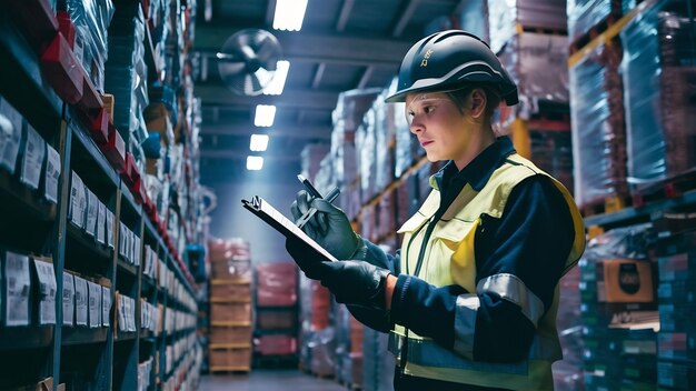 professional warehouse worker in protective work wear holding checklist and checking inventory in s