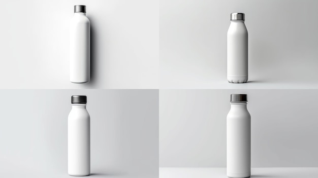 Photo a professional water bottle in white with a smooth texture stretched and laid flat lay on a minimalist white mockup generative ai