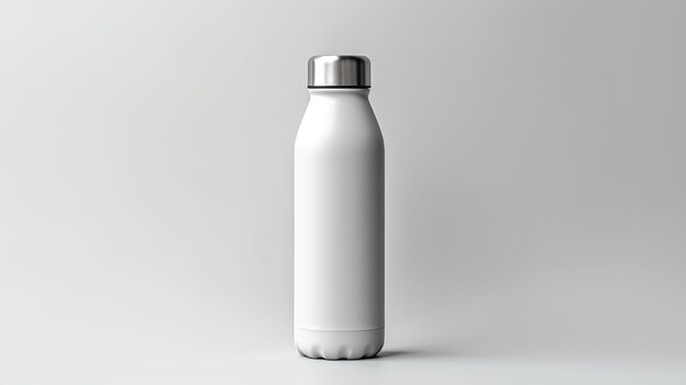 A professional Water Bottle in white with a smooth texture stretched and laid flat lay on a minimalist white mockup Generative AI