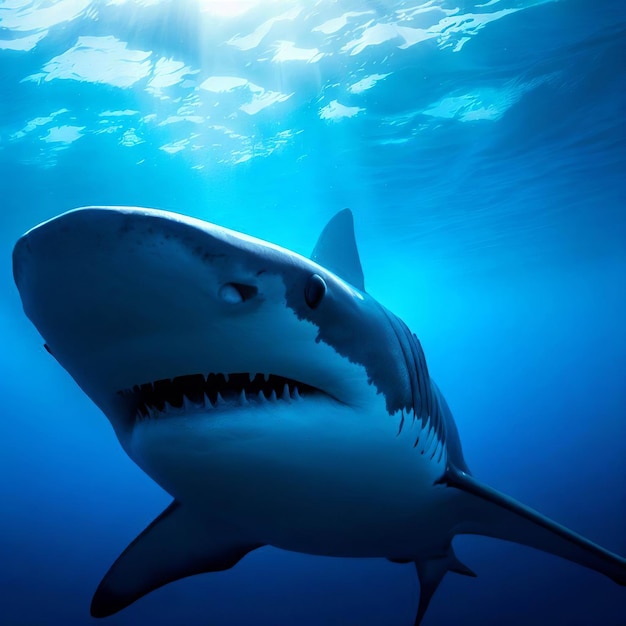 Professional white shark photography in the blue ocean