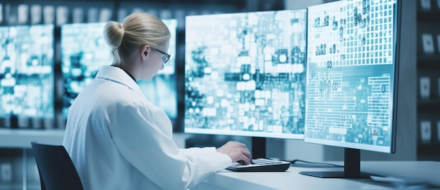 한 전문 여성 이 하이테크 감시 방 에서 여러 컴퓨터 스크린 에 있는 복잡 한 데이터 를 분석 하고 있다