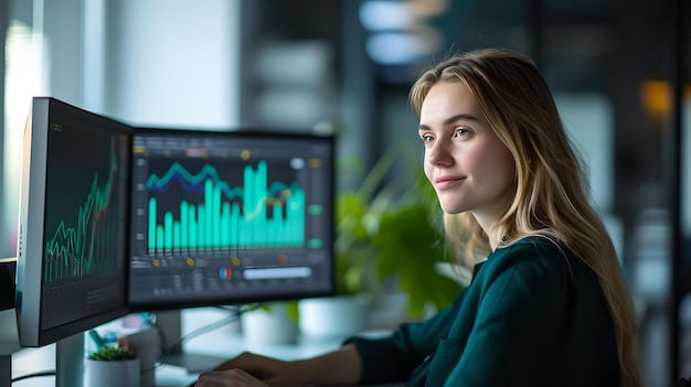 Professional woman analyzing financial graphs on computer screen at modern workspace focused business analysis AI