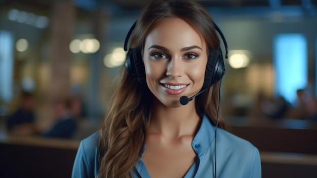 Professional woman in a call center wearing a headset providing excellent customer service with a friendly and helpful demeanor generative AI