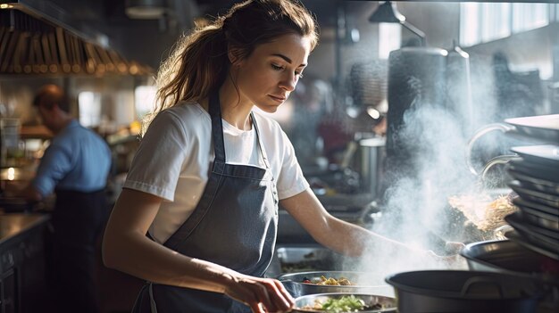 Photo professional woman chef in apron expertly prepares food in a bustling commercial kitchen