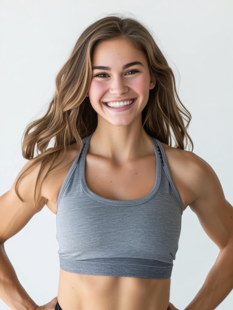 Professional woman fitness trainer white background