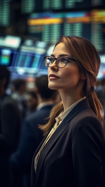 A professional woman in glasses looking up with a confident expression