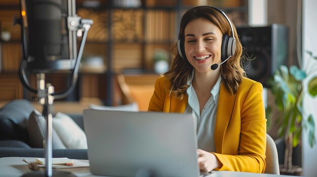 Professional woman in headset smiling during a webinar Home office setup with microphone and laptop Online communication and remote work concept AI