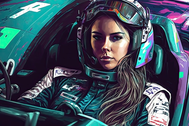 Professional woman racing driver in a race car with helmet Generative AI