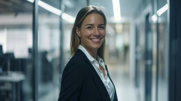 Professional woman smiling confidently in an office corridor