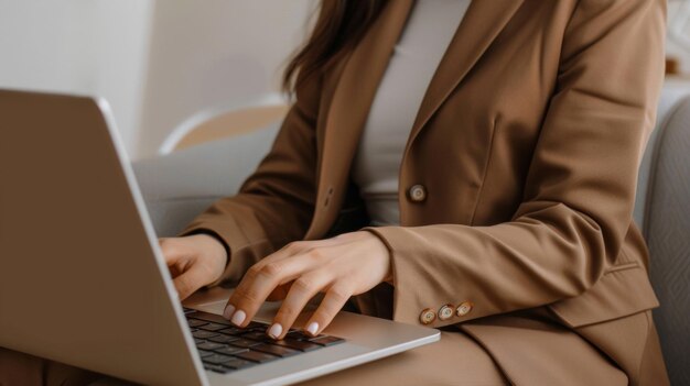 Professional woman typing diligently on her laptop focused and businesslike