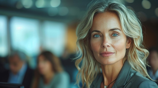 Professional woman with a confident smile in a business meeting context